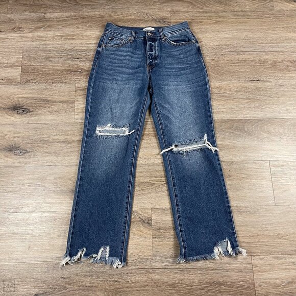 Special A Women's Jeans Straight Leg Distressed Shark Bite Fringe Hem Sz. 7 Blue - Picture 1 of 9